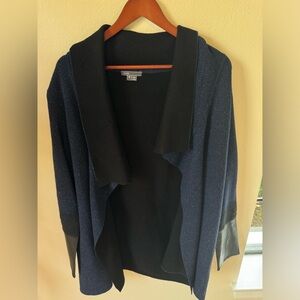 Black knit open wool blend cardigan w/ leather sleeves